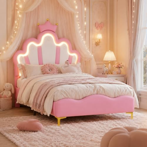 BRILVERDE Lit de Fille 90x200 avec LED, Lit Princesse avec tête de lit couronnée, Cadre avec Sommier à Lattes, pour Filles, pour Enfants et Adolescents, PU (Rose, 90 x 200 cm)