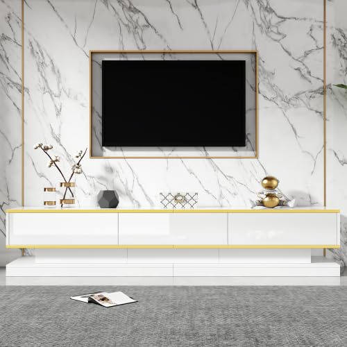 Merax TV Schrank - 200x40x40 cm Lowboard für 80 Zoll Fernseher, Weiß mit Goldrand, 3 Schubladen, Hochglanz TV Board, Moderner Fernsehschrank für Wohnzimmer Möbel