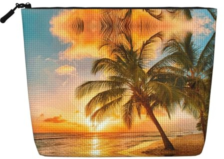 Sunset Hawaiian Palm Tree Waves Travel Toiletry Bag for Women, Fake Hemp Cosmetic Organizer Large Capacity Zippered Daily Pouch