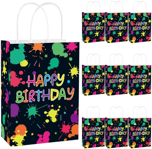 10x Happy Birthday Neon Partytüten, Glow Party Geschenktüten mit Henkel | Papiertüten mit Happy Birthday, 21x15x8 cm, Neon Splash Muster, für Neon Fasching, Giveaways, Geburtstag, Geschenken