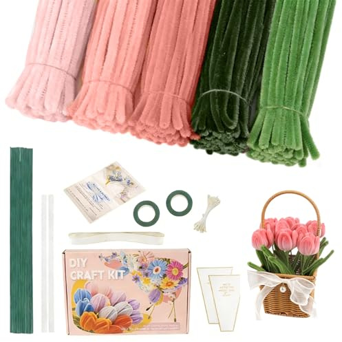 500 Stück Pfeifenreiniger Blumen Set, Pfeifenputzer Zum Basteln, Pfeifenreiniger Blumen mit Blumendraht, Geschenkband, Klebeband, Anleitung zum Blumenbasteln (Tulpe)
