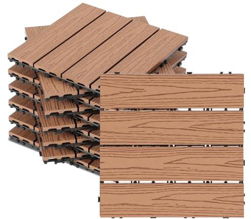 Monucep WPC Baldosas para terraza de aspecto de madera, 30 x 30 cm, baldosa para el suelo de balcón, azulejos de jardín, con sistema de clic y drenaje, 55 unidades = 5 m², para terrazas, balcones