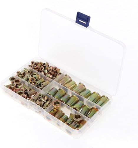 Juego de 166 tuercas de remache M3-M10 de acero al carbono roscadas cabeza plana moleteada para trabajos de montaje de reparación de automóviles de metal y plástico