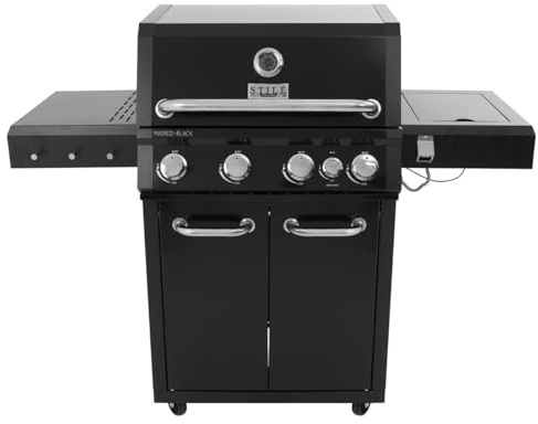 Barbecue a Gas 4 Bruciatori + Fornello Laterale 3,2 kW – BBQ in Acciaio Inox con Griglie in Ghisa Termometro Integrato, Coperchio e Ruote | Cucina da Giardino Professionale