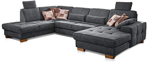 CAVADORE Wohnlandschaft Puccino mit Federkern, Schlaffunktion, verstellbarer Rückenlehne und 2 Kopfstützen / Sofalandschaft in U-Form im Landhaus-Design / 340 x 86 x 224 cm / Mikrofaser grau