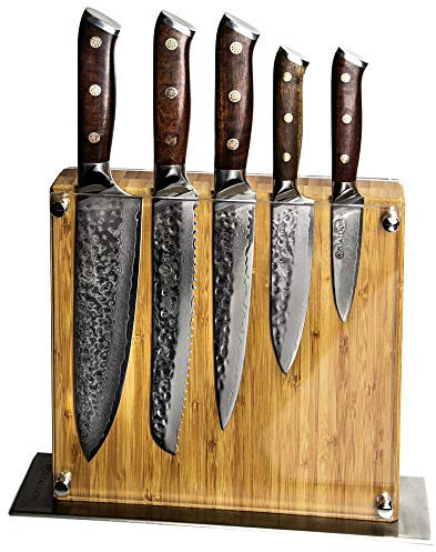 Stallion Messerblock Damastmesser Set Ironwood - Küchenmesser Set aus Japanischem Damaststahl (VG10) - Messerset Damast aus extrem harten Gidgee Edelholzgriff - Damaszener Messer höchster Qualität