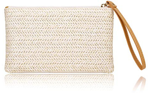 COOKOOKY Women's Straw Clutch Bag Bohemian Zipper Wristlet Summer Beach Sea Purse Wallets (Beige- White)