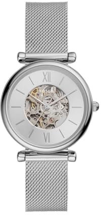 Fossil Watch for Women Carlie, Automatic Movement, 35 mm Silver Stainless Steel Case with a Stainless Steel Mesh Strap, ME3176