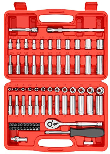 YIYITOOLS Set di 74 chiavi a bussola da 1/4 con cricchetto, giunto universale, estensioni con set di punte da 1/4, metriche e 6 punti, 5/32 - 9/16, 4-14 mm.