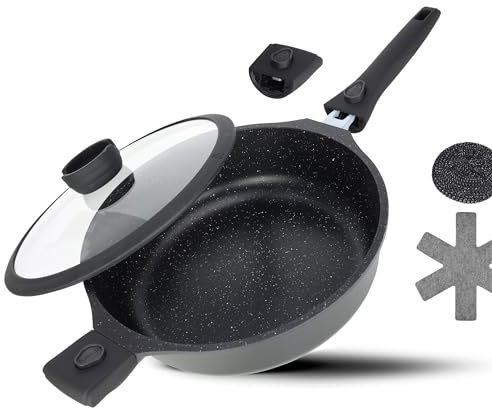 DIVORY Casserole à braiser 28cm induction, Poêle à servir avec couvercle 4,2l - Poignée amovible, Cuve revêtue résistant au four, Aluminium Casserole à bords hauts + protège-poêle