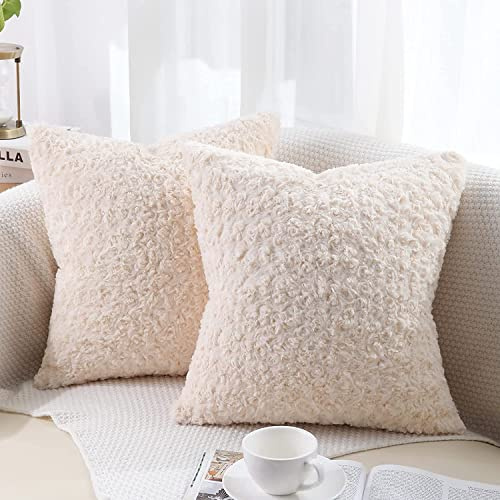 decorUhome Set of 2 Fur Cushion Covers Decorative Faux Fur Plush Fluffy Square Neutral Pillow Case for Sofa, Cream Beige , 18 x 18 inch/45x45cm