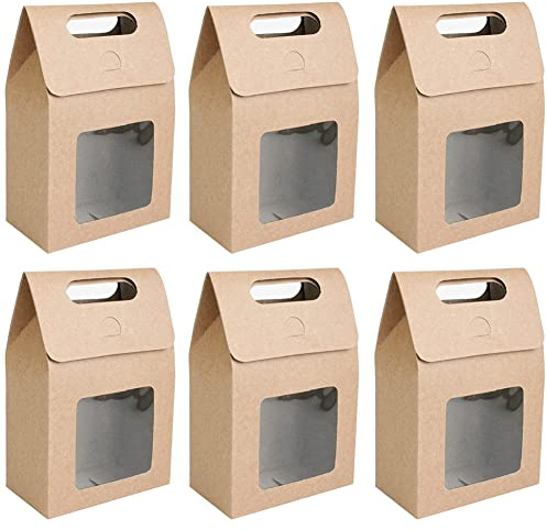 25 Stücke Braune Papiertüten, Geschenktüte mit Fenster, Papier Geschenktüten, Papiertüten mit Henkel, Geschenktüten mit Griffen, zum Verpacken von Süßigkeiten, Keksen, Snacks (Braun)