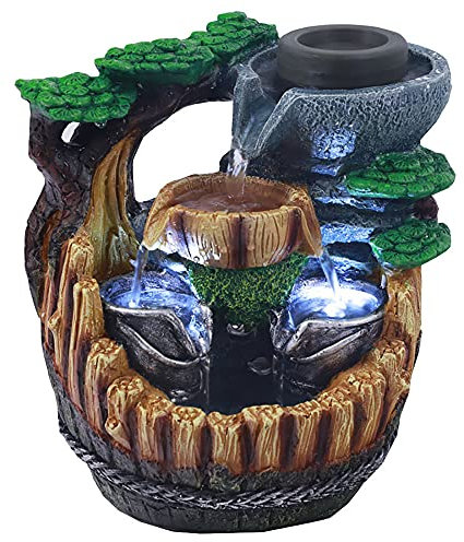 Zimmerbrunnen aus Polyresin in Steinoptik mit Deko-Steinen Wasserfall Tischbrunnen Dekor Steingarten Wasserbrunnen Wasserspiel mit Pumpe und LED Beleuchtung