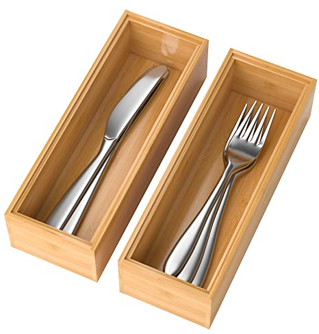 Lixple Bamboo Drawer Organizer – Set of 2 Stackable Storage Boxes, Silverware Tray & Small Gadget Holder for Kitchen Drawers, 9 x 3 x 2 (Outer), 8.3 x 2.3 x 1.77 (Inner)