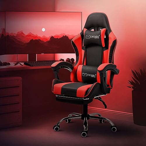 ML-Design Massage Gaming Chair, svart-röd, PU-läder, ergonomisk kontorsstol, justerbar svängbar stol, Racing Gamer Chair med armstöd, nackstöd, ländryggskudde, fotstöd, skrivbordsstol fåtölj