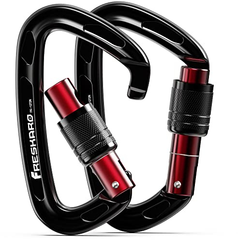 FresKaro 25kN Screwgate Climbing Carabiner with UIAA and CE Certifications, Made of 7075 Aluminium, Lightweight, Rust-Proof and Heavy Duty, for Rappelling, Hiking etc, Black, 2pcs