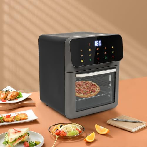 Mini horno 3 en 1 con recirculación de aire, 13 L, 1350 W, pantalla táctil LCD, función visual, pequeño horno con bandeja para hornear, cajas de aluminio y accesorios, temporizador de 60 min