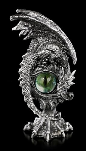 Figura de dragón con ojo en verde esmeralda, 17,5 cm, color plateado – Estatua decorativa dragón coleccionable para amantes de los dragones