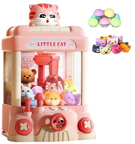 10 Dolls & 10 Capsules Mini grabber Machine, pastel Cat game machine Vending Toy for children, Strong Grip, Light & Sound Interactive amusement, Coordination, Party & Home Gift