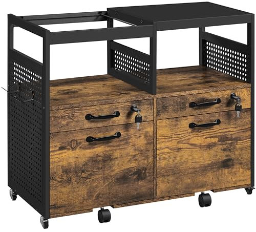 Yaheetech Rollcontainer Büroschrank auf Rollen Aktenschrank mit 2 Ablagefächer & 2 Abschließbaren Schubladen & 2 Hängendem Aktenfächer Rostbraun