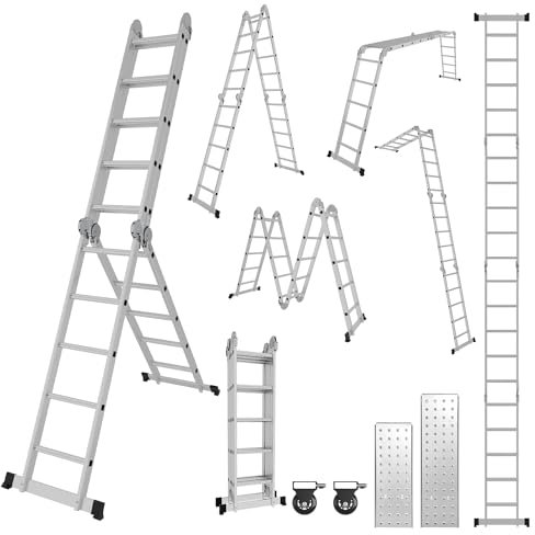 Hebitod Scala Multifunzione 7 in 1 in Alluminio - 4 x 5 Gradini, 5,82 m Con 2 Piastre e 2 Ruote - Pieghevole, di Lavoro, Fino a 150 kg