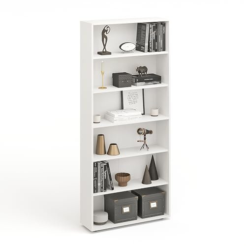 KOMTO Regal 80 cm breit Weiß - Bücherregal mit 6 Ebenen und Höhenverstellbare Regale, Standregal, Aufbewahrungsregal | Bookshelf Lumo 80 x 180 x 24 cm (BxHxT)
