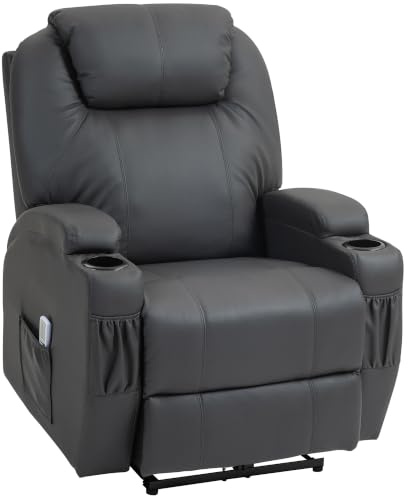 HOMCOM Fernsehsessel mit Liegefunktion Aufstehhilfe bis 160kg Dunkelgrau | Elektrisch Relaxsessel, Massage Massagesessel, Verstellbare Rückenlehne, Seitentasche, Getränkehalter, Liegesessel