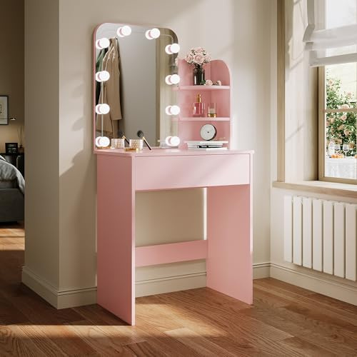 ELEGANT Pink Dressing Table with Hollywood LED Lights Mirror, 40x70x140cm