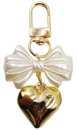 Xchon Schlüsselanhänger mit Schleife, Herzanhänger, buntes Handy-Schlüsselband, Schleife, Herz-Anhänger, abnehmbarer Handy-Anhänger, elegantes Taschenzubehör für Damen, gold