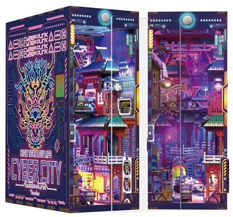 Tonecheer Book Nook Kit 3D träpussel boknooks gör-det-själv modellbyggsatser vuxna att bygga miniatyr hus bokhylla nook bok med ljus rolig present födelsedagspresent (cyber City)