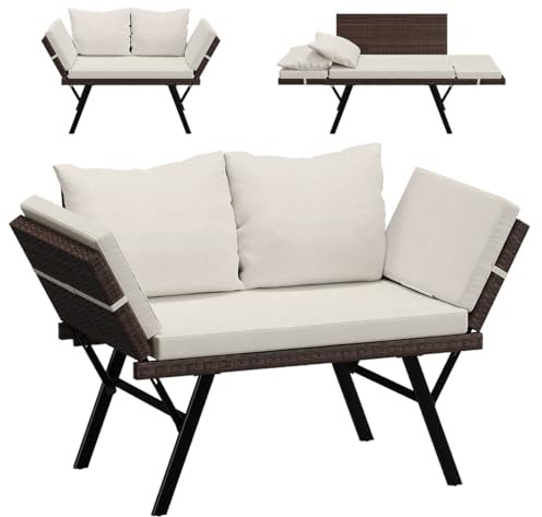 STEELSØN Elytra Rattan Gartenbank Beige mit Auflage, klappbar, wetterfest | Loungesofa mit verstellbaren Armlehnen, Sonnenliege, Terrassensitzbank mit Liegefunktion bis 177 cm, Outdoor Gartencouch