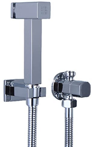 Kit de pulvérisateur de bidet à main en chrome poli avec bouton poussoir carré en laiton - Montage mural - Robinet de bidet compatible avec eau froide - Ensemble B