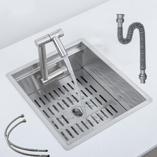 Petit Évier en Acier Inoxydable 304, Lavabo Cuisine, avec Couvercle, Robinets D'eau Chaude et Froide, Tuyaux D'arrivée et de Vidange D'eau, pour Camping-cars, Caravanes(Silver,300x360x165mm)