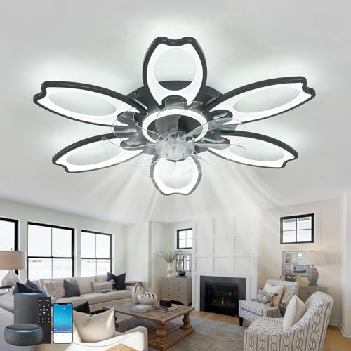 Fachae Schwarz Deckenleuchte mit Ventilator Alexa-kompatibel für Schlaf | App und Fernbedienung Ventilator mit Licht,108W Deckenventilator mit Beleuchtung leise 6-Gang,Timer