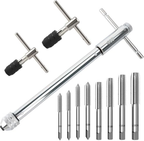 Juego de Machos y Terrajas Métrico, Juego de Terrajas de Mano, con 8 Piezas HSS Grifos de Flauta Recta M3/M4/M5/M6/M8, M3-M8/M5-12/M6-M12 Ajustable Llave de Grifo de T Tipo Forma T Llave de Trinquete