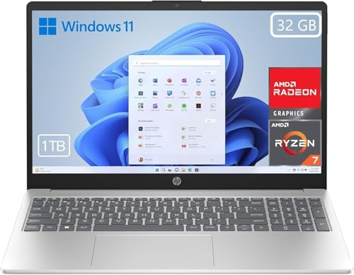 HP 15-fc0243ns - Ordenador portátil de 15.6 FHD (AMD Ryzen 7-7730U, 32 GB RAM, 1TB SSD, AMD Radeon Graphics, Windows 11) Plata y Azul - Teclado QWERTY Español