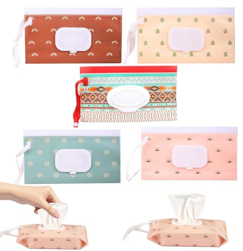 PERSENTU 5 Pack Baby Wipe Dispenser,Baby Wipe Holders,Wet Wipes Dispenser Box,Portable Refillable Wipe Holder, Refillable Wipes Dispenser Travel Container Wipes Bag for Baby and Adult