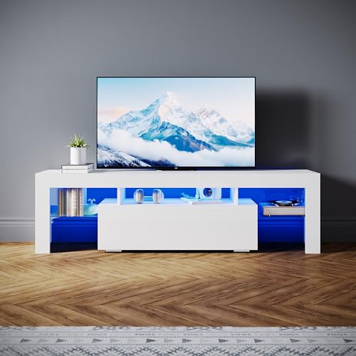 SONNI TV-skåp modernt 160 cm, lågbräda högglans vitt med 16 färger LED-belysning, lådor, öppna glasgolv, TV-bord för TV upp till 65 tum vardagsrum och sovrum, 160 x 35 x 45 cm.