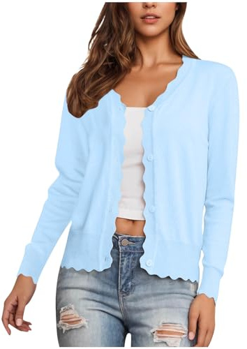 Generisch Blaue Strickjacke Damen Damen Strickjacke mit V‑Ausschnitt & Knopfleiste – Lange Ärmel, Rippstrick & Scallop‑Details, Leicht & Locker – Cardigan für Freizeit & Büro Hellblau