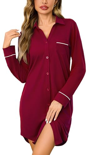 Bresdk Camicia da Notte Donna Aperta Davanti Invernale Cotone Manica Lunga Pigiama con Bottoni Loungewear Parto Ospedale Allattamento Premaman, Rosso Vino, M