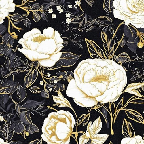 ICYEHAO Selbstklebende Tapete Weiss Gold Blumen, 44 x 300 cm Tapete Schwarz Blumentapete Klebefolie Blumen Blätter Pflanzen Möbelfolie Selbstklebend für Badezimmer Wohnzimmer Schlafzimmer Küche