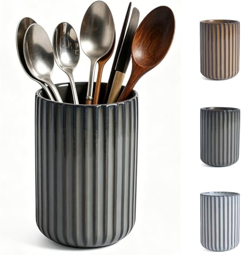 DBZQSCW Stoneware Coffee Bar Utensil Holder, Coffee Spoon Tea Spoons Stirrer Holder for Stir Stick Straw Teaspoon Holder Spoon Cup Small Utensil Jar Fluted Stripe Outer(Grey)