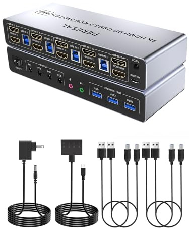 USB 3.0 HDMI + switch KVM per 4 PC e 2 monitor, 4 porte a doppio monitor, 4K @ 60Hz, supporto per EDID, audio, microfono e 3 porte USB 3.0
