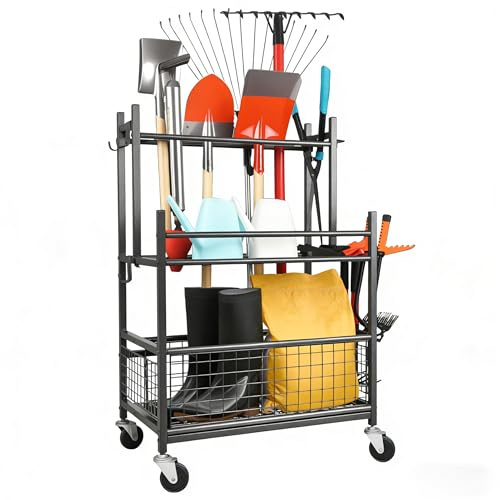 MHHO-WG Gartengeräte Organizer mit Feststellrollen,Schwerlast Metall Gartengeräteständer,16 Fächer+19 Haken für langgestielte Geräte/Staubsauger/Rasenrechen,ideal für Garage, Schuppen & Außenbereich