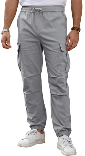 TMEOG Pantaloni Cargo da Uomo Elasticizzati in Vita Multitasche con Elastico alla Caviglia Adatto per Jogging Fitness e Viaggi(Grigio Chiaro,M)