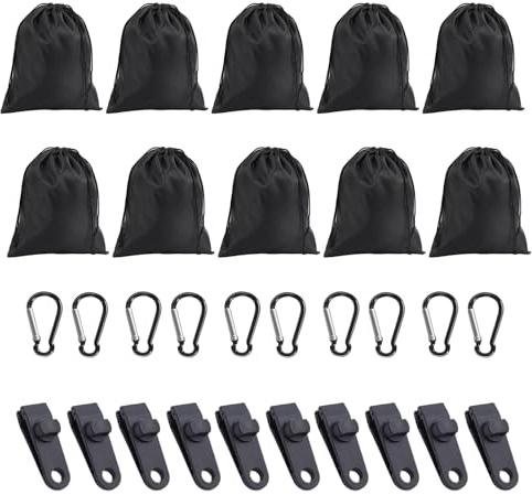 TENQUAN 10 sacchetti per pesi resistenti al vento con 10 moschettoni e clip – Riempimento flessibile, fissaggio senza attrezzi per tovaglie, tende, giardino, campeggio (10 pezzi)