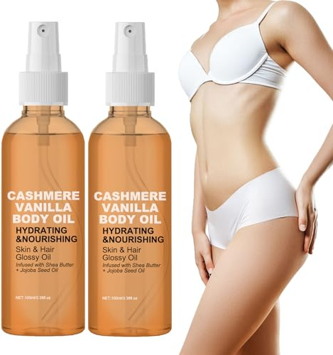 Vanilla Cashmere Body Oil, ljusande och fuktgivande kroppsolja med sheasmör och jojobaolja, närande massage oljespray för hud och hår, för alla hudtyper (2 st)