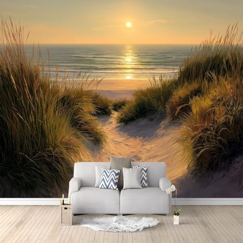 Genérico Papel Pintado Tejido no Tejido Puesta De Sol Playa Paisaje Naturaleza Escenario Camello Oscuro 250 x 175 cm - Fotomural Panorámico Decoración de Pared para Salón y Dormitorio