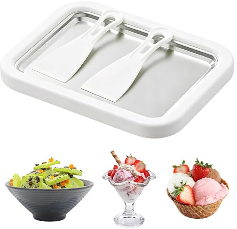 SKJJM Piastra per Gelato con 2 Spatole, Gelato Istantaneo, Rolled Ice Cream Maker, Ice Pan Gelatiera, Ideale per Gelatos Morbido, Frutta, Frullati, Frullato, Yogurt Congelato (Bianco)
