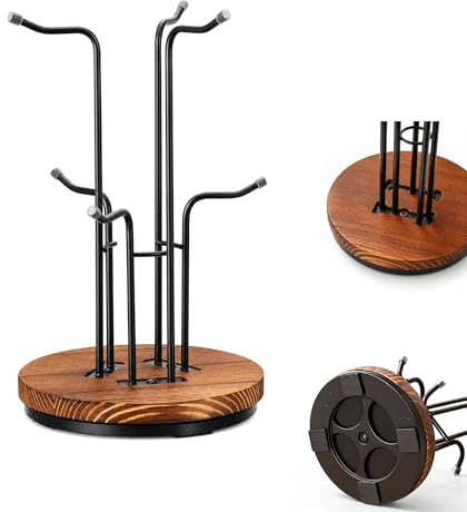 360°Rotating Mug Tree,Large Cups Mug Stand Mug Tree with Stable Wooden Base | Metal Coffee Cup Rack Stand Counter Coffee Mug Holder with 6 Hooks,Organizer for Cabinets Office Organizer Countertops